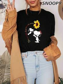 SNOOPY 你是最好的妈妈 向日葵夏季休闲短款卡通印花女式可爱漫画印花针织衫女式短款T恤 - 黑色 - 查看 3