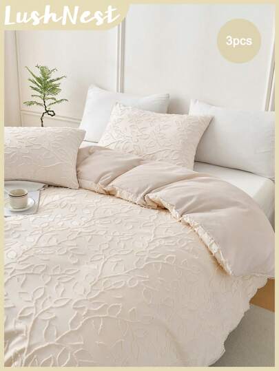 Leaf Cutout Beige Duvet Cover Twin Queen King Size Set Boho Farmhouse Bedding Set 3 Pcs Super Soft Breathable Microfiber Duvet Cover 1 Duvet Cover With Zipper 2 Pillowcases No Comforter Gifts For Women&Men