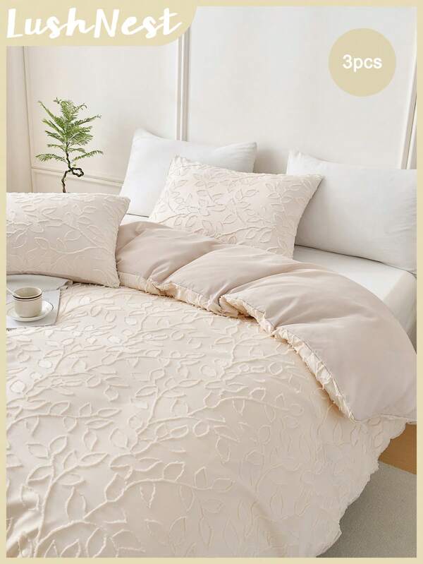 Leaf Cutout Beige Duvet Cover Twin Queen King Size Set Boho Farmhouse Bedding Set 3 Pcs Super Soft Breathable Microfiber Duvet Cover 1 Duvet Cover With Zipper 2 Pillowcases No Comforter Gifts For Women&Men