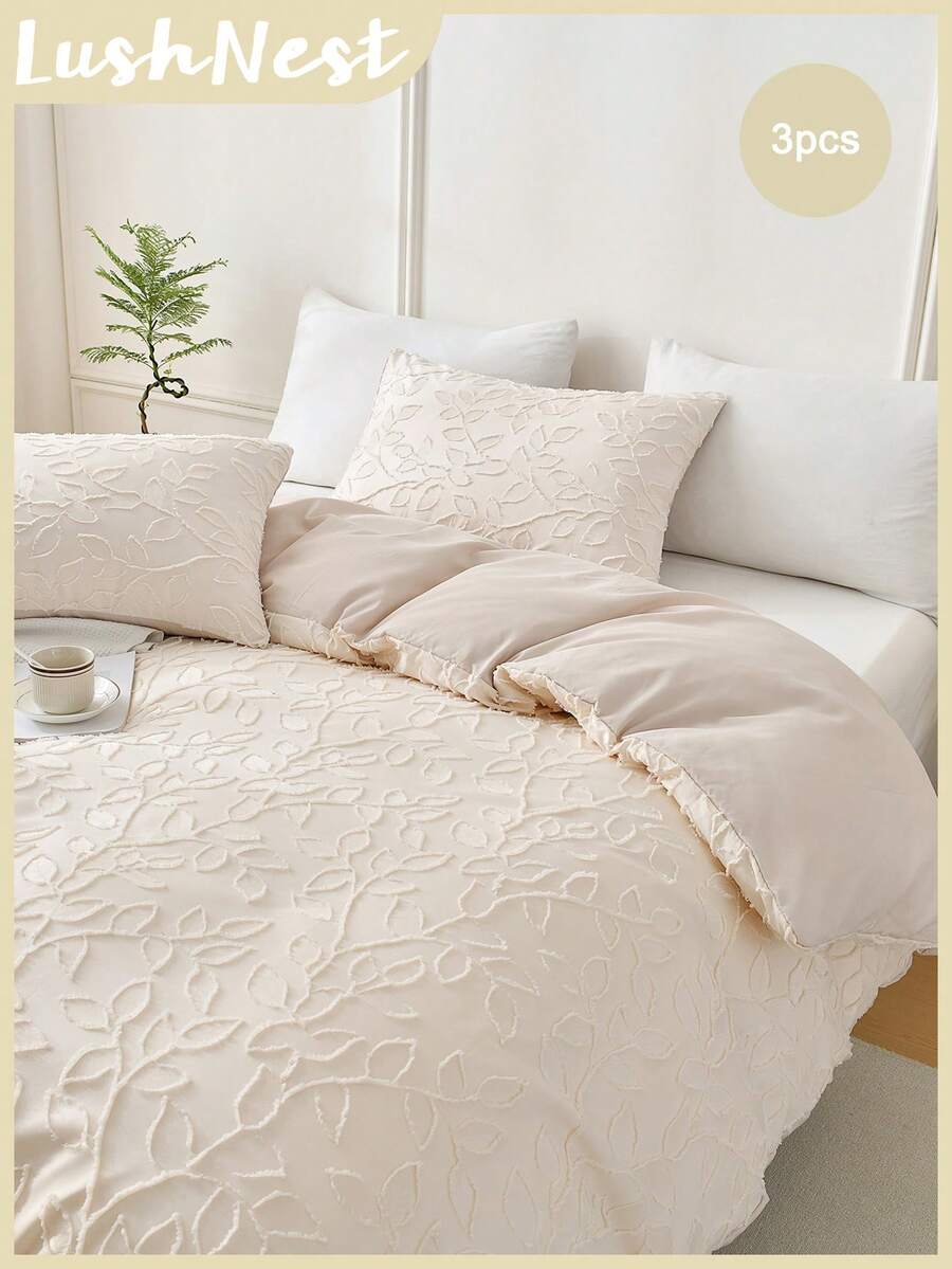 叶形镂空米色被套套装,双人/大号/特大号可选,波西米亚农舍风格三件套床上用品,超柔软透气超细纤维被套,包含1个拉链被套和2个枕套,不含被芯,男女皆宜的礼物 - 米色 - 查看 1