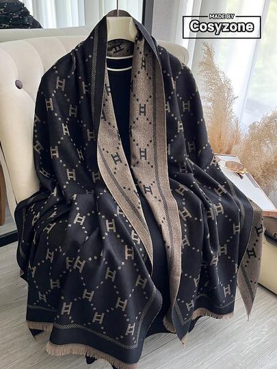 1条优雅简约字母图案提花金线围巾，女士时尚百搭空调房披肩，春秋季外套，防晒装饰披肩，适合日常搭配和外出穿着。
