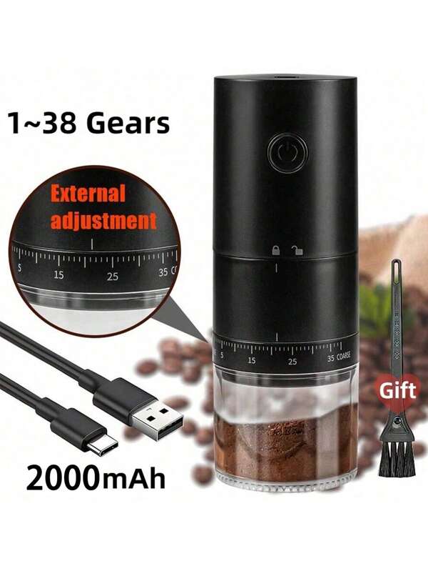 1 Stück Aufgerüsteter Elektrischer Kaffeemühle mit externer Mahlwerkseinstellung, Automatische Kaffeebohnenmühle, 2000mAh Wiederaufladbare Kaffeemaschine, Professioneller Keramik-Mahlkern Mühle mit 38 Stufen externer Grob- und Feineinstellung