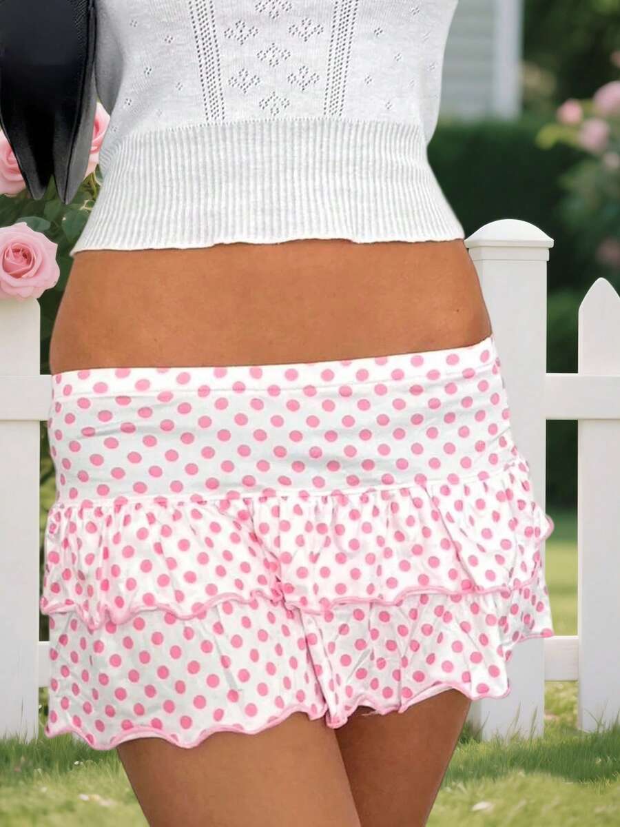Layered Ruffle Mini Skirt For Women Summer Dots/Stripe/Heart Print/Solid Color High Waist Short Skirts - 粉色 - 查看 1