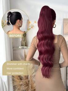 Extensiones de cola de caballo rizada de 28 pulgadas de largo - Peluca de cola de caballo sintética con peine y clip, extensiones de cola de caballo larga y esponjosa de onda profunda natural para mujeres, color rojo vino - Burdeos - Ver 4