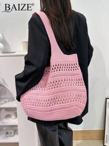 ENBEI 女士时尚优雅手提包，假日沙滩包，粉色包，镂空针织沙滩包简约钩针包爱心休闲镂空图案钩针包假日风格适合少女大学生非常适合大学、户外、旅行、郊游、休闲度假、沙滩包、单肩包、手提包，非常适合海滩度假、购物和度假必需品，与女士假日服装完美搭配 - 粉色 - 查看 3