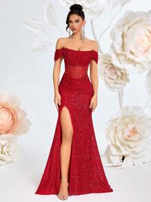 ADYCE 女士露肩亮片长款正式礼服，透视美人鱼高腰开衩露背系带鸡尾酒会晚礼服，新年礼服 - 紅色 - 查看 9