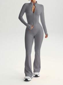 FWH 2pcs/Set Street Style Bodycon Outfit, Includes Thumb Hole Sleeve Jacket With Zipper Front And High Waist Flare Pants With Non-Slip Waistband, 4-Way Stretch, Shapewear Design, Confidence Boosting Set For Women - Grey - View 4