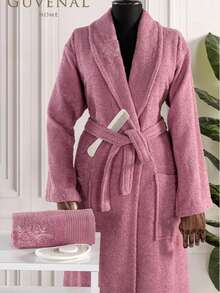 Albornoz de algodón con cuello chal y detalle bordado en el cuello - S/M - L/XL - Hecho en Turquía - Púrpura polvoriento - Ver 2
