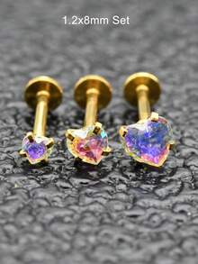 3 sztuki w opakowaniu Fantastyczny tęczowy kolor 3/4/5 mm imitacja kryształu cyrkonii serce kolczyki do nosa kolczyki do nosa ze stali nierdzewnej labret kolczyki do warg helisa kolczyki do chrząstki dla kobiet mężczyzn biżuteria do ciała 16G 1,2 x 6 mm płaski słupek