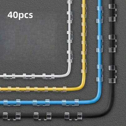 40 个/套自粘式电缆夹，透明电缆整理夹，无痕免钉电线固定器，适用于电视、电脑、有线桌、家庭办公室、汽车、桌面数据线管理（略脏、毛刺不影响正常使用），用于学校用品，返校