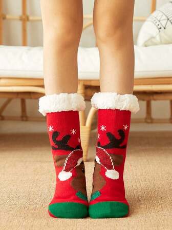 1 Pair Women's Crew Socks, Christmas Socks With Red Reindeer & Snowflake/Christmas Reindeer/Merry Christmas Pattern, Coral Fleece Anti-Slip Warm Casual Socks Suitable For Christmas Outfit, Christmas Party, Gift, Home, Travel, Daily Wear, Leisure Office