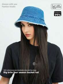 1pc Women Sunscreen Casual Bucket Hat With Silver Letter Badge And Frayed Brim, Suitable For Travel And Shopping Outfits