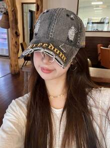 Back-To-School Season Star Same Style Fashion Retro Broken Hole Cool Embroidery Letter Baseball Cap Big Head Circumference American Cap Young Couple Fashion Street Curved Brim Hat Blocking Ultraviolet Sunshade Hat Outdoor Sports Wear Retro European And American Style Unisex Couple Baseball Cap