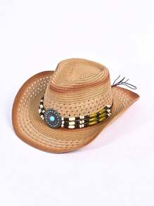 1 pieza Sombrero de paja para mujer con adorno de cadena de circonia, efecto degradado y hueco, Sombrero tipo Panamá tejido, Sombrero unisex para la playa, vacaciones y uso casual, adecuado para primavera/verano