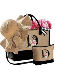 3 件套女士沙滩手提包，带肩带，配有女士沙滩帽和化妆包，字母 A-Z 沙滩配饰包，带侧袋的个性化礼品袋，带围巾的沙滩包，女士卡其色波浪沙滩太阳帽，适合春夏海滩度假和户外婚礼 - 卡其色 - 查看 19