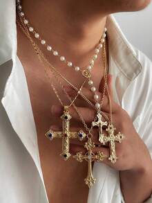 4er Set Halskette mit Kreuz-Anhänger in Strass, Punk Splice Pullover Kette, stilvoller Straßen-Schmuck für Damen und Herren, Frühling/Sommer 2025 Accessoire Geschenk