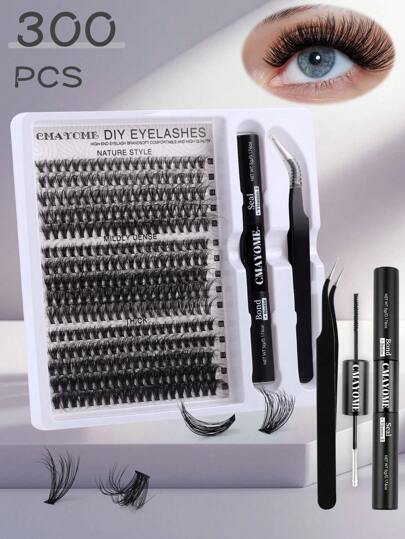 300 piezas Pestañas postizas en racimos de gran capacidad y esponjosas, racimos de pestañas postizas de 10-16 mm de mezcla D, kit de extensión de pestañas DIY con pegamento para pestañas, desmaquillante, pinzas, para una aplicación fácil y de larga duración en casa, kit de extensión, kit de racimos, pestañas, pestañas postizas