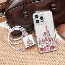 Set de 5 piezas con temática de Castillo del Paraíso Floral, que incluye Funda protectora de cable de datos con diseño + Funda de teléfono a juego apta para carga rápida de 20W, compatible con iPhone 16/16Pro/16ProMax/15/14/13, Protector de cable Nan, Accesorios de cargador, Accesorios de teléfono