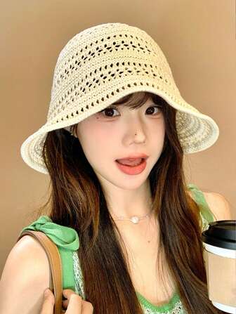 1pc Women Summer Fashion Hollow Knitted Bucket Hat, Outdoor Lightweight Wide Brim Crochet Sun Hat, Versatile