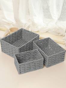 1pc/3pcs Woven Storage Basket, Rattan Desk Organizer Tray For Cosmetics, Keys, Snacks, Home Decor, Living Room, Bedroom, Office, Handmade Wicker Basket, Ideal Gift (Gray) - Grey - View 3