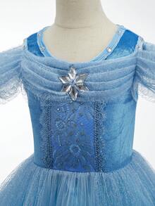 6pcs Set Light Blue Girl's Puff Sleeve Rhinestone Mesh Dress With Accessories, Children's Christmas & Halloween Party Costume Outfit - Light Blue - View 8