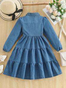 青少年女孩牛仔连衣裙，时尚优雅休闲长袖领口拼布蛋糕裙，百搭中长款设计，2025 年夏季新款 - 藍色 - 查看 8