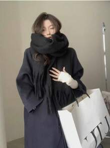 1pc Solid Color Scarf, Winter Warm Neck, Thickened Wool Knitted Thick Fringed Shawl, Can Be Worn