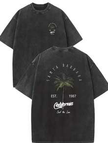 Men's Washed Print Graphic Tees-"Santa Barbara California" Palm Tree Groove Clothing 100% Pure Cotton Double-Sided Printed T-Shirt, Suitable For Men And Women, The Best Gift For Summer Casual Short Sleeved T-Shirt-Streetwear Y2K 100 Percent Cotton Tops, Gifts For Boyfriend And Husband - 黑色 - 查看 1