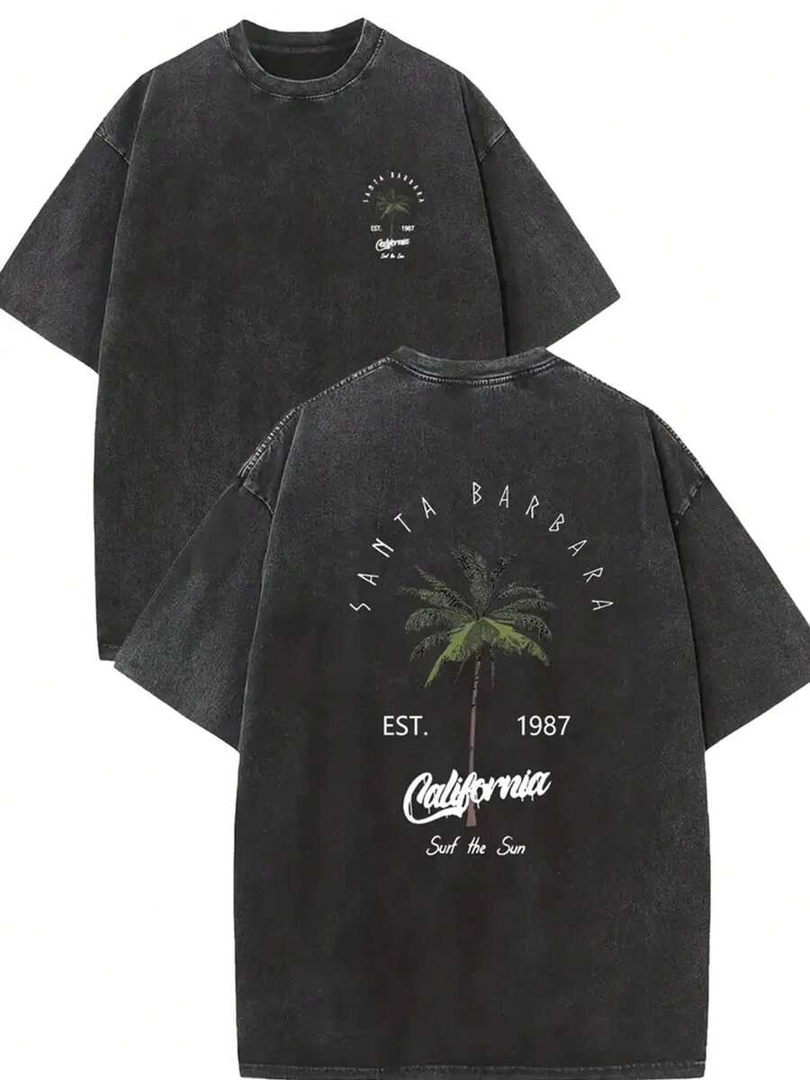 Men's Washed Print Graphic Tees-"Santa Barbara California" Palm Tree Groove Clothing 100% Pure Cotton Double-Sided Printed T-Shirt, Suitable For Men And Women, The Best Gift For Summer Casual Short Sleeved T-Shirt-Streetwear Y2K 100 Percent Cotton Tops, Gifts For Boyfriend And Husband - 黑色 - 查看 1