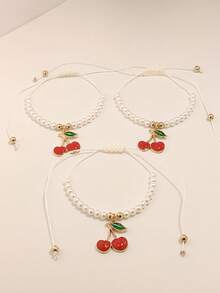 Bộ 12 chiếc nhẫn hình trái cây anh đào dễ thương, vòng tay charm ngọc trai giả ABS, vòng tay may mắn, quà tặng gia đình dành cho bé gái. - Cherry (có thẻ) - Xem 4