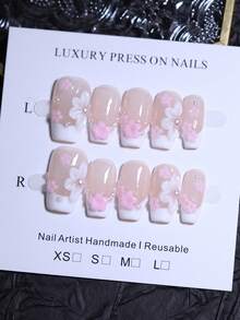 100% Handmade Press On Nails With 3D Hand Carved Floral Nail Decoration Nude And White Color 10pcs Coffin Short Manual Nails French Style False Nail Tips Reusable DIY Nail Beauty For Four Seasons Daily Life - 粉色 - 查看 13