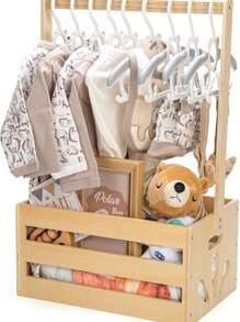 带盖木制婴儿收纳篮 - 婴儿服装整理盒，新生儿礼品套装，婴儿房装饰 - 米色 - 查看 1