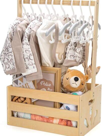 Förvaringskorg i trä med lock för baby - Kläd- och organiseringskorg för baby, presentset för nyfödda, barnrumsinredning