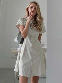 Vestido de hombre pequeño de temperamento estival con falda de camisa de cintura cerrada, solapa de manga corta delgada y sencilla - Blanco - Ver 3