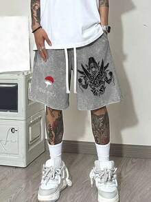 290g Washed Shorts, Featuring A Double-Sided Printed Design From The Hokage Anime Tail Beast Uchiha. These Men's Retro Washed Casual Street Sports Shorts Are Comfortable, Breathable, And Suitable For Daily Wear. They Come With An Adjustable Drawstring Waist, Elastic Waistband, And Pockets - 深灰色 - 查看 1