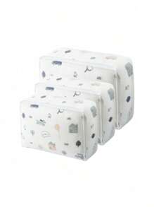 1pc Transparent Printed Large Capacity Foldable Storage Bag, Home Use - Blue and White - View 6