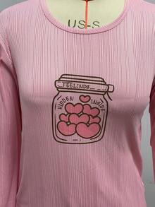 Mirano Slogan Print Short Sleeve Top & Cherry Pattern Long Pants Pajama Set - Hot Pink - View 2
