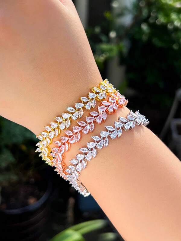 1 pièce Bracelet délicat en zircone cubique blanc plaqué or rose en forme de feuille pour usage quotidien, fête, fiançailles pour femmes. Bijou de festival, de mariage, cadeau