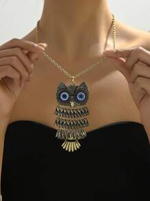 1pc Bohemian Style Copper-Color Alloy Owl Pendant Necklace, Suitable For Women's Daily Wear