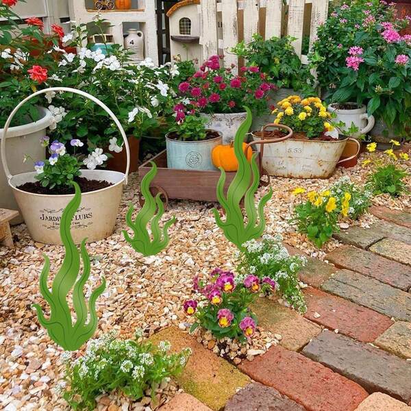 3 piezas Estacas de jardín de metal con diseño de algas verdes, figuras abstractas vibrantes de algas, adecuadas para acuario, playa, césped, decoración de macetas