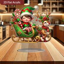 1pc 2D Flat Decorative Piece, Christmas Decor, Classic Fantasy Christmas Elf Sleigh And Reindeer Acrylic Desktop Decoration, 20cm Desktop Display Stand, Suitable For Home, Office And Shelf Decor, Holiday Fantasy Design, Perfect Christmas Gift And Holiday Decoration