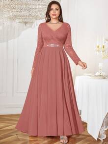 Plus V-Neck Floral Lace Contrast Chiffon Rhinestone Ribbon Waist Formal Party Long Dress, Wedding Guest Dress, For Birthday, Graduation, Homecoming - Dusty Pink - View 6