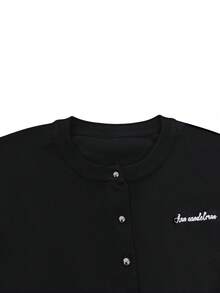 Casual Fashion Versatile Celebrity Letter Embroidery Single-Breasted Design Fitted Long Sleeve Cardigan Sweater Jacket, New Autumn Collection,Back To School Clothes,Fall Women Clothes, - Black - View 9