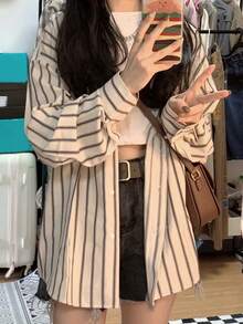 女士休闲时尚宽松条纹长袖衬衫，适合春秋季节 - 杏色 - 查看 4