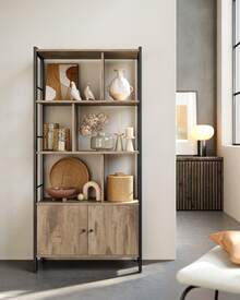 VASAGLE Étagère, Bibliothèque à 4 Niveaux, Meuble de Rangement, Placad, avec Portes, Grand, Cadre en Acier, pour Salon, Bureau, Chambre, Style Industriel, Marron Camel et Noir d'encre - Gris pâle - Voir 1