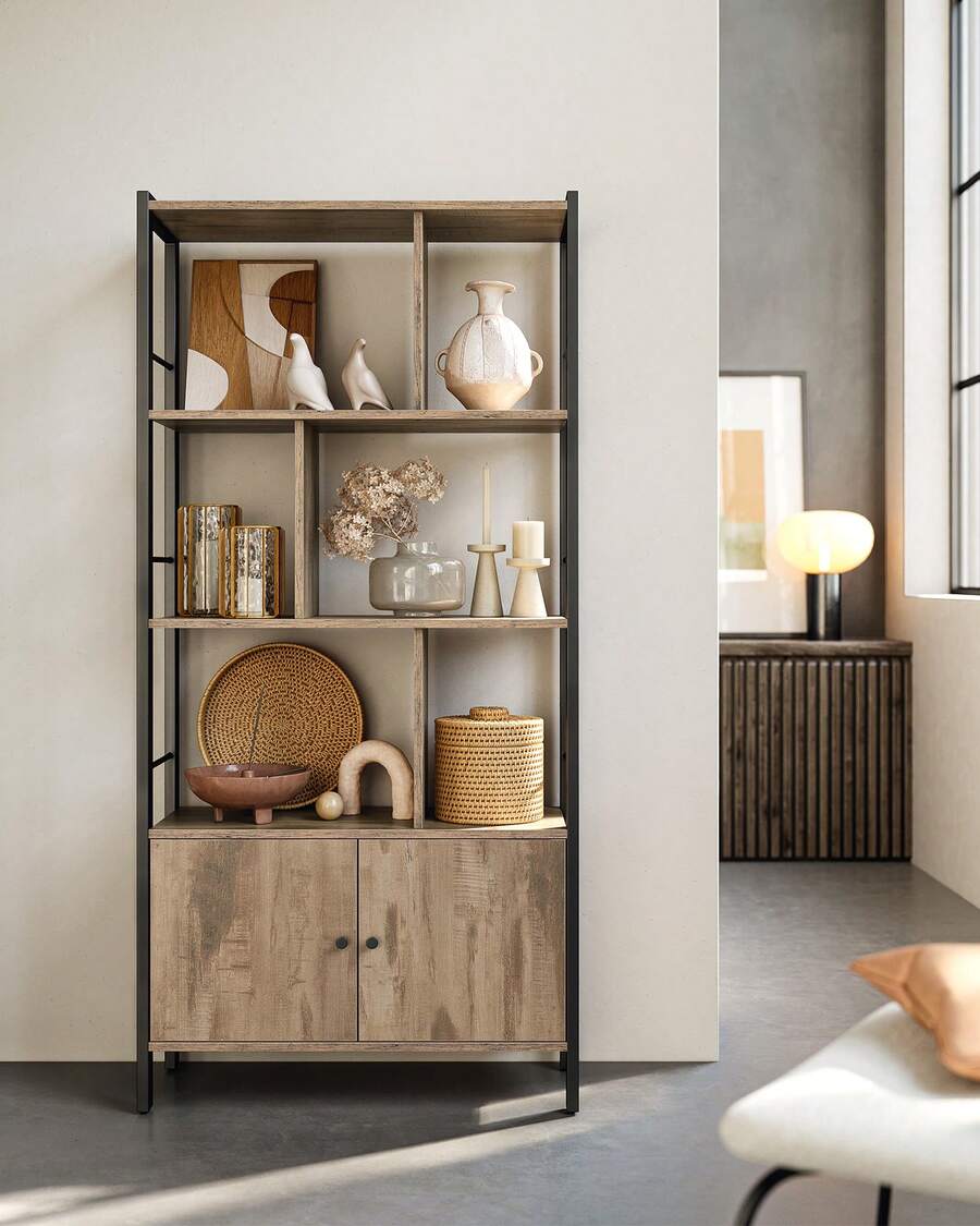 VASAGLE Étagère, Bibliothèque à 4 Niveaux, Meuble de Rangement, Placad, avec Portes, Grand, Cadre en Acier, pour Salon, Bureau, Chambre, Style Industriel, Marron Camel et Noir d'encre - Gris pâle - Voir 1