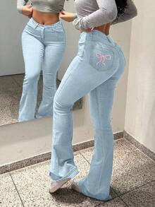 Y2K Women's Long Flare Leg Denim Jeans With Cute Bow Accent Casual Plain High Stretch Fit With Button Zipper Pockets - 淺色水洗藍 - 查看 2