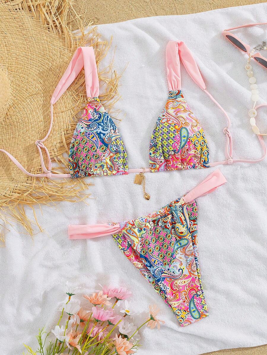 PEPPERMOLLY 全新柔软可调节肩带印花系带优雅派对比基尼套装，夏季海滩时尚女士比基尼 - 淺粉 - 查看 1