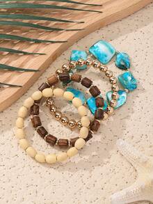 BOCAR 3pcs/Set Natural Beaded Wooden Bracelet Set, Suitable For Beach & Vacation - Brown - View 16