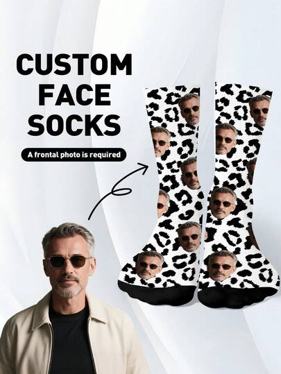 1 Pair Of Unisex Personalized Face Custom Socks, Custom Leopard Print Socks, Custom Face/Pet Leopard Print Mid-Tube Socks, Polyester Fiber + Spandex, Fashionable And Interesting Sports Socks/Couple Socks/Family Socks, Suitable For Christmas/Halloween And Other Holiday Gifts, Fun Birthday Gifts For Family/Couples/Friends, Very Suitable For The Gym/Outdoor/School Wearing Fun Leopard Print Socks, Fall Socks